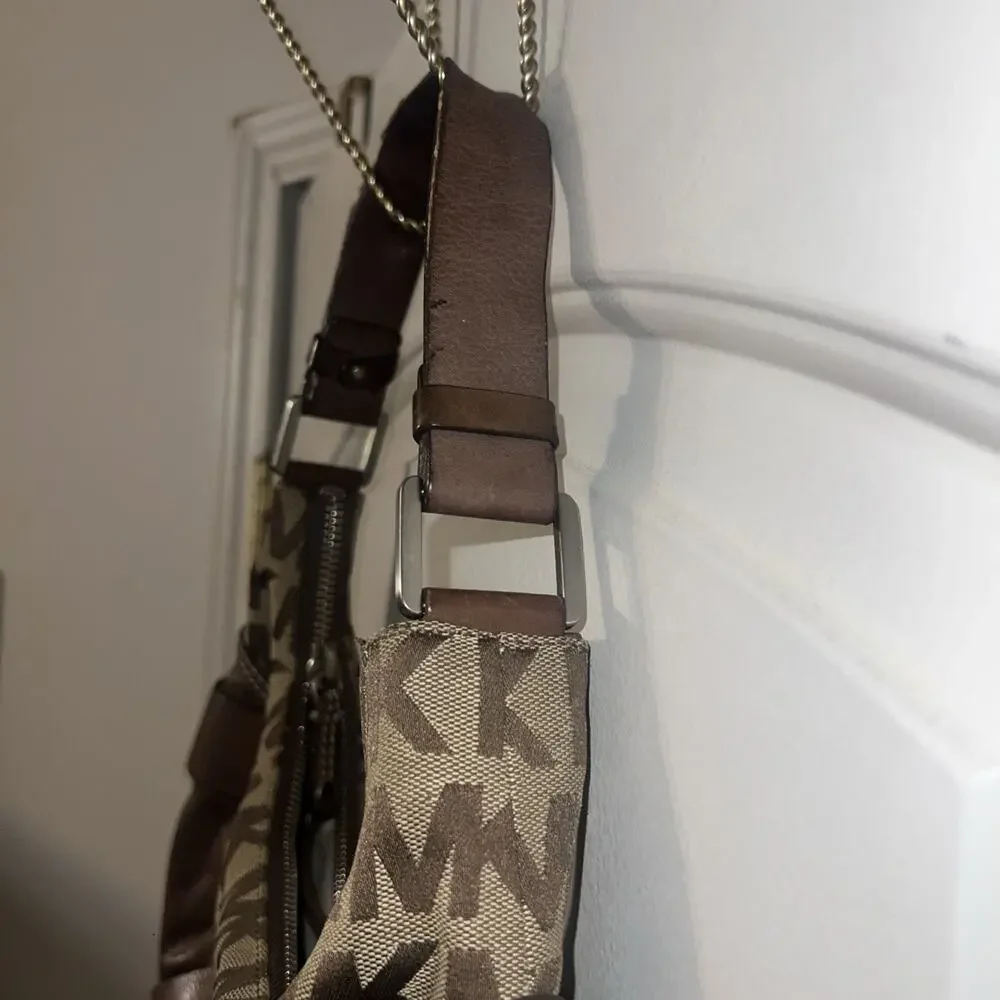 Michael Kors Vintage Khaki Signature Jacquard Hobo Cognac Leather Shoulder Bag